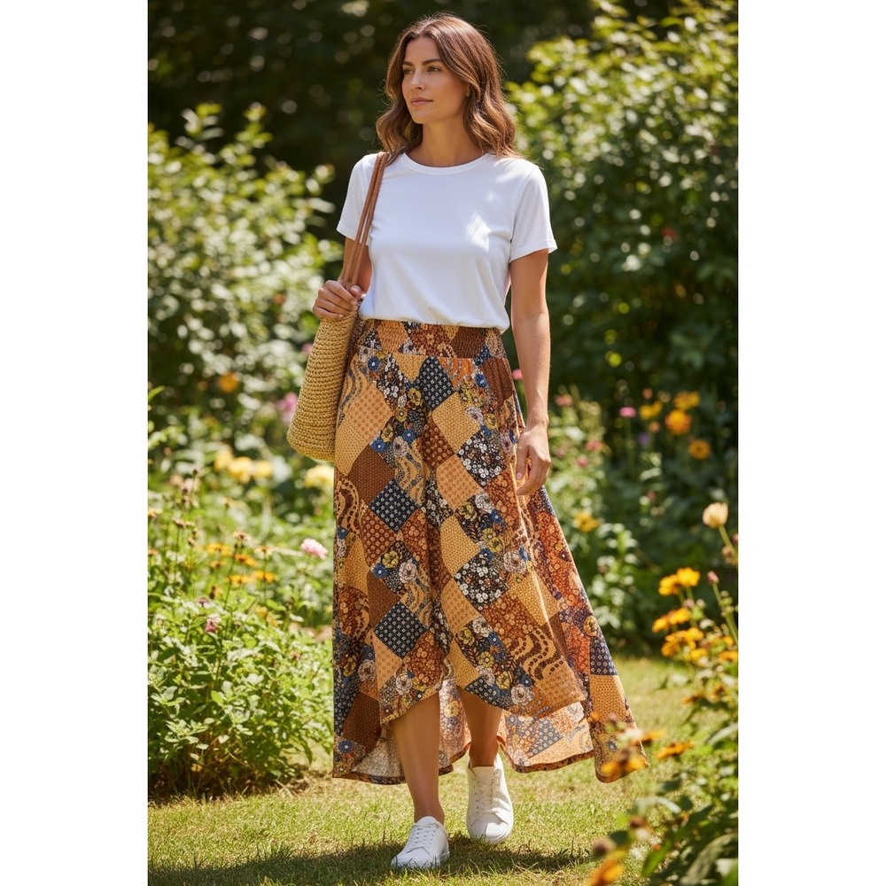 Noflik Women Patchwork‎ Print Smocked Waist High-Low Maxi Skirt Orange Brown L